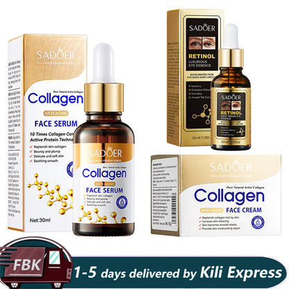 SADOER 3 in 1 Collagen Serum + Retinol Serum Eye Essence + Collagen Cream , Anti Aging, Face Moisturizer, Anti Wrinkles anti Eye Puffiness, Fade Eye Dark Circles and Eye Bags