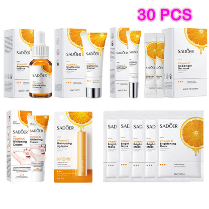 SADOER 30PCS Skin Care Set Vitamin C Whitening Moisturizing Gifts Set Face Vitamin C Serum + Face Cleanser + Eye Cream + 5PCS Brightening Masks + Underarm Whitening Cream + Lip Balm + 20PCS Gel Masks