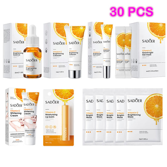 SADOER 30PCS Skin Care Set Vitamin C Whitening Moisturizing Gifts Set Face Vitamin C Serum + Face Cleanser + Eye Cream + 5PCS Brightening Masks + Underarm Whitening Cream + Lip Balm + 20PCS Gel Masks