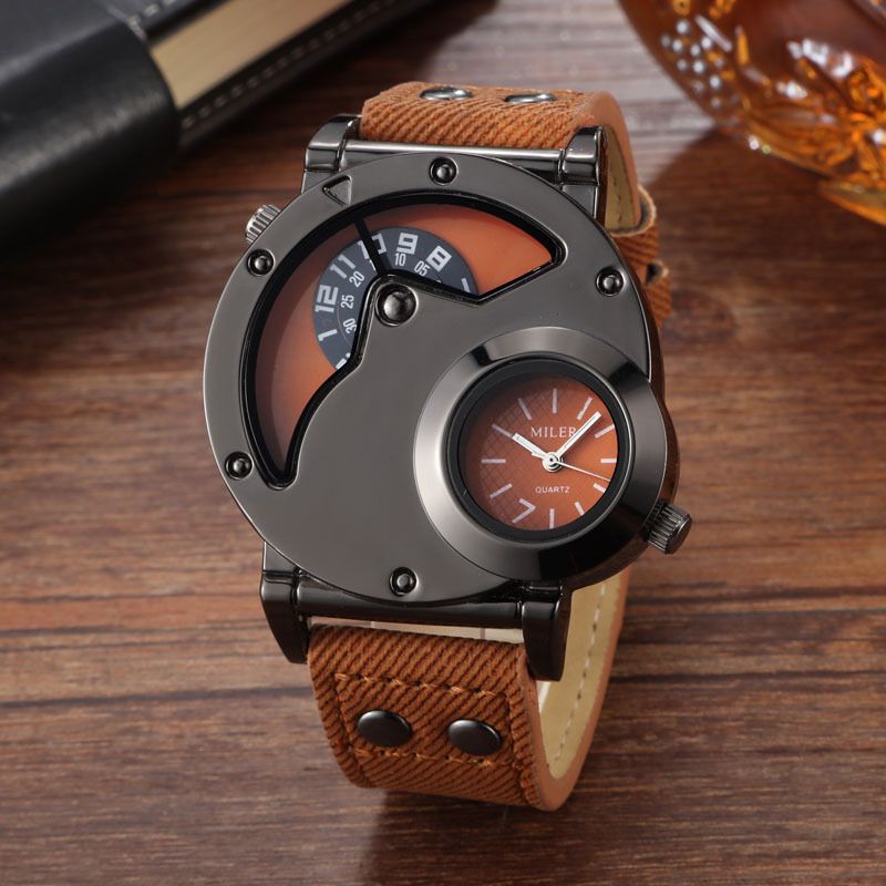 Men Minimalist Watch 2 Double Big Dial Time Zone Wristwatch Quartz Clock Leather Strap Male Sports Watch