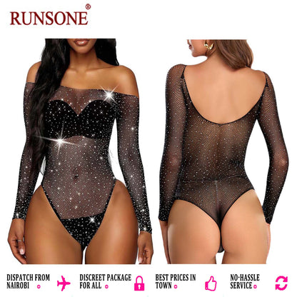 Women Sparkle Sexy Bodysuit Fishnet Rhinestone Sheer Teddy Lingerie Leotard Top Bodystocking Mesh Nightclub Sleeves Sleepwear Nightwear for Couple Sex