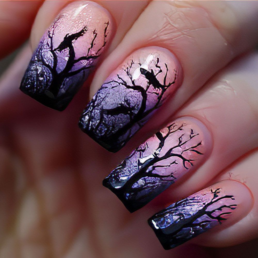 Medium to long square wearing nail, black withered tree silhouette nail art, light blue gradient fake nail glitter, detachable nail patch