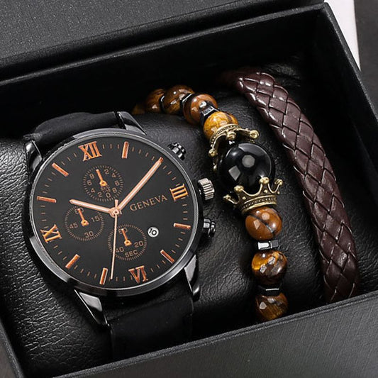 3PCS Fashion Classic Mens Black Watches Set Men Business Quartz Watch Male Calendar Wristwatch Leather Bracelet