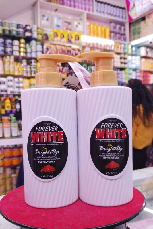 Two bottles of 'Forever White' product on a red platform with a store shelf in the background.