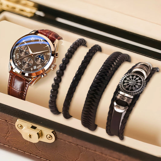 5PCS Men's Watch Set Men's Watch And 4PCS Bracelet Calendar Sports Business Quartz Steel Strip Watch Men's Sports Watch Men's Wrist Watch Three Eyelid Strap Watch Bracelet Set For Daily Wear