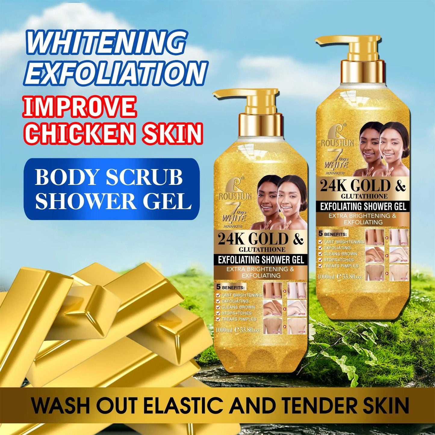 ROUSHUN 24K Gold & Glutathione Whitening Shower Gel (Body Wash) – 1000 ml – Moisturizing, Exfoliating & Brightening with Collagen-Boosting Gold for Radiant Skin