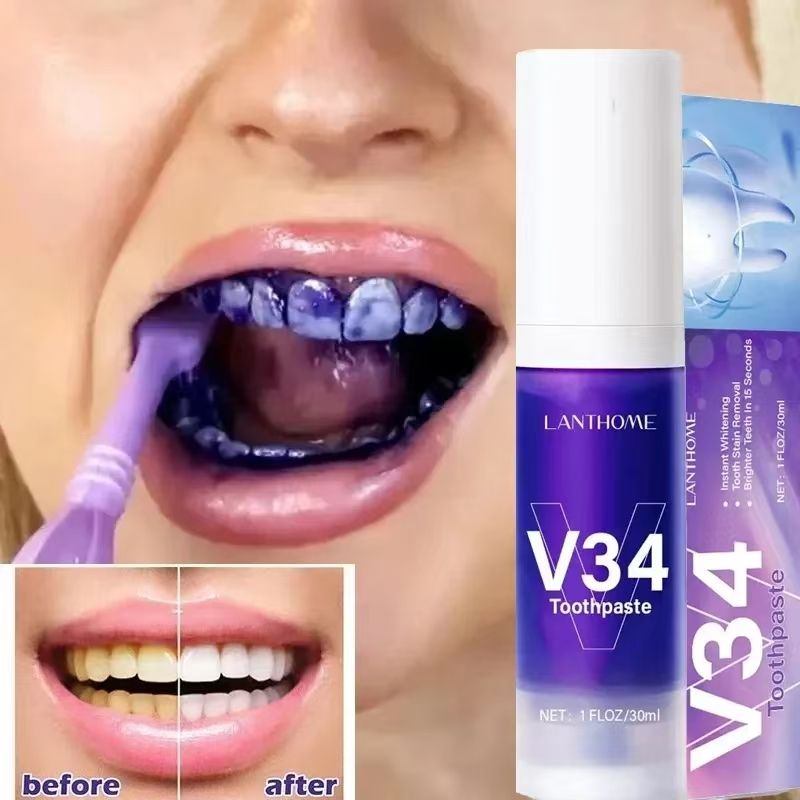 V34 Purple Whitening Toothpaste Remove Stains Teeth Whitening Reduce Yellowing Care For Teeth Gums Fresh Breath Brightening Teeth