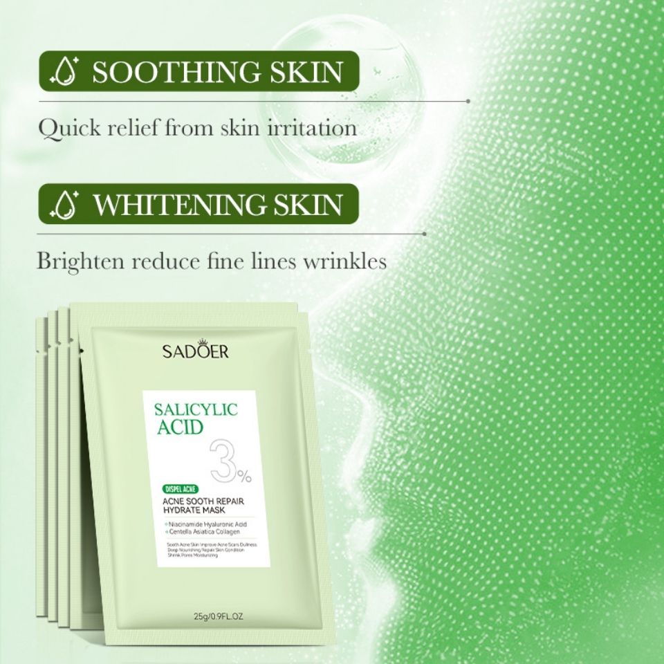 2 PIECES Sadoer Salicylic Acid Sheet Mask Pack Anti Acne Soothing Repair Hydrating Facial Mask Wholesale Price SADOER Acne Removing Control Soothing Repairing Moisturizing Face Mask