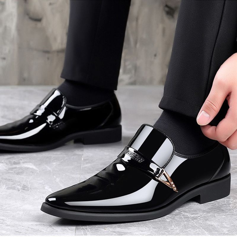 ASSKLO Business formal leather shoes exhibition increased height breathability resistance durability wedding groom's pointed toe slip on loafers dress shoes shiny Black [choose bigger size]