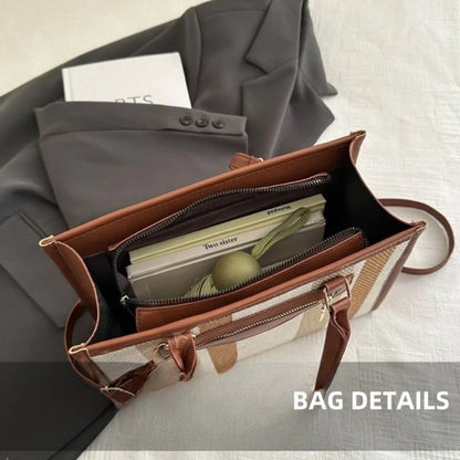Mateamoda Elegant Striped Tote Bag with Rich Leather Accents Crossbody Bag Underarm Handbag
