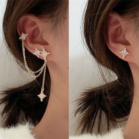 Temperament asymmetric long women's tassel earrings one-piece star ear cuff earrings