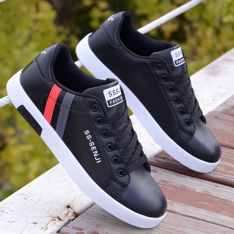 Men's casual PU artificial leather shoes fashion running shoes driving shoes students single shoes athletic women's skateboarding shoes sneakers Boys Black sports shoes