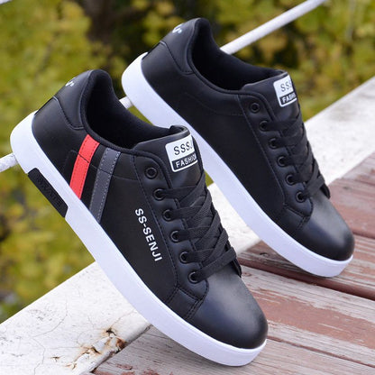 Men's casual PU artificial leather shoes fashion running shoes driving shoes students single shoes athletic women's skateboarding shoes sneakers Boys Black sports shoes