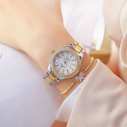 Women's Elegant Casual Goldn Watch Crystal Diamond Inlaid Watch Stainless Steel Silver Quartz Watch Bracelet Set Gift for Wife
