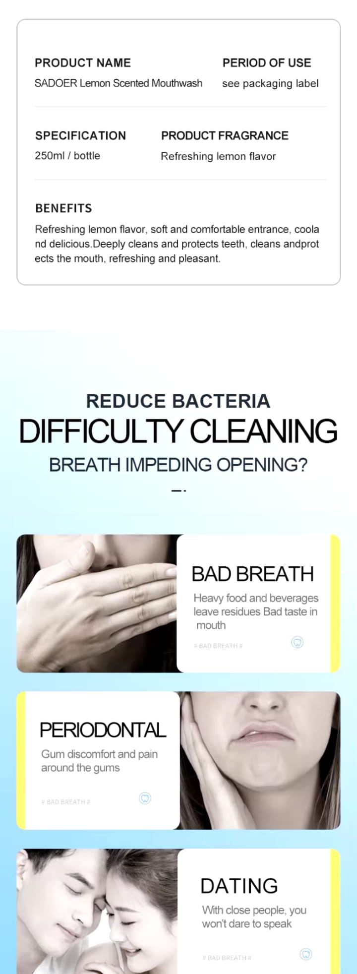 2Pcs Pack - Mouthwash + Mouth Spray - Sadoer Mouthwash Lemon fruit scent Mouth Wash and Disaar Probiotic Spray Fresh Breath Lemon Flavor Remove Oral Odor Bad Breath Mouth Portable Freshener