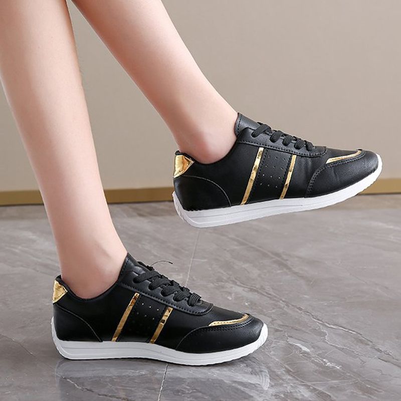 Size 38-42 women's PU artificial leather shoes students black shoes ladies running shoes girls board shoes athletic flat fashion casual sports shoes black golden