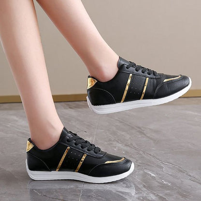 Size 38-42 women's PU artificial leather shoes students black shoes ladies running shoes girls board shoes athletic flat fashion casual sports shoes black golden
