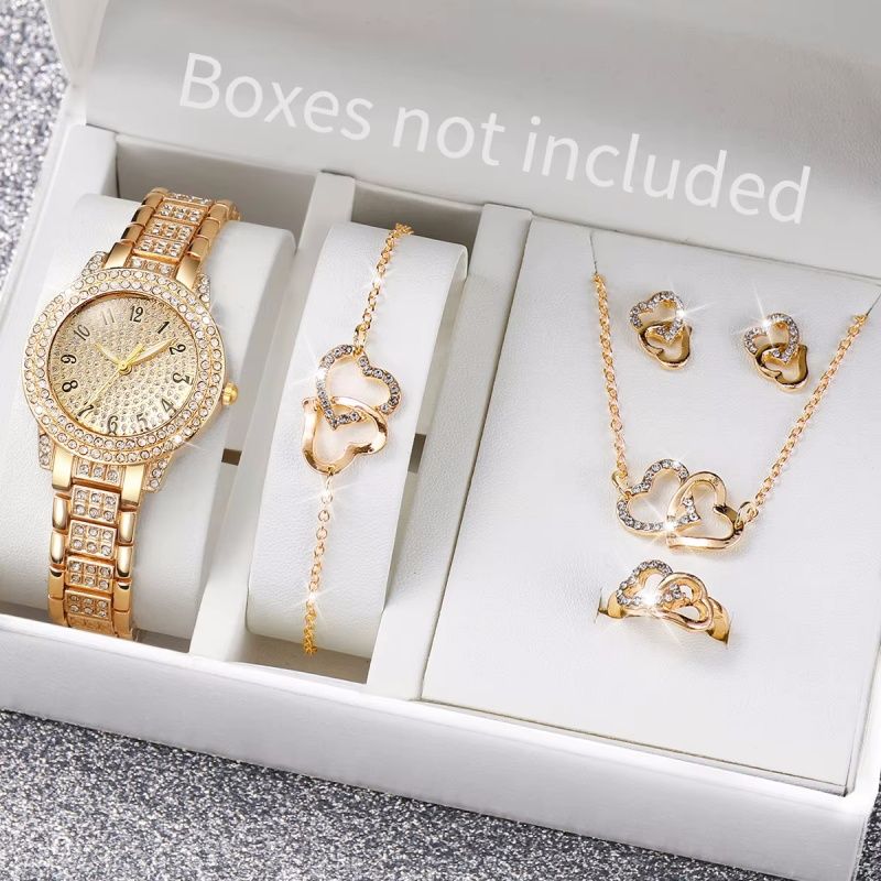 6PCS/Set Women's Watch Fashion Rhinestone StainlessSteel Band Quartz Watches Heart Jewelry Set