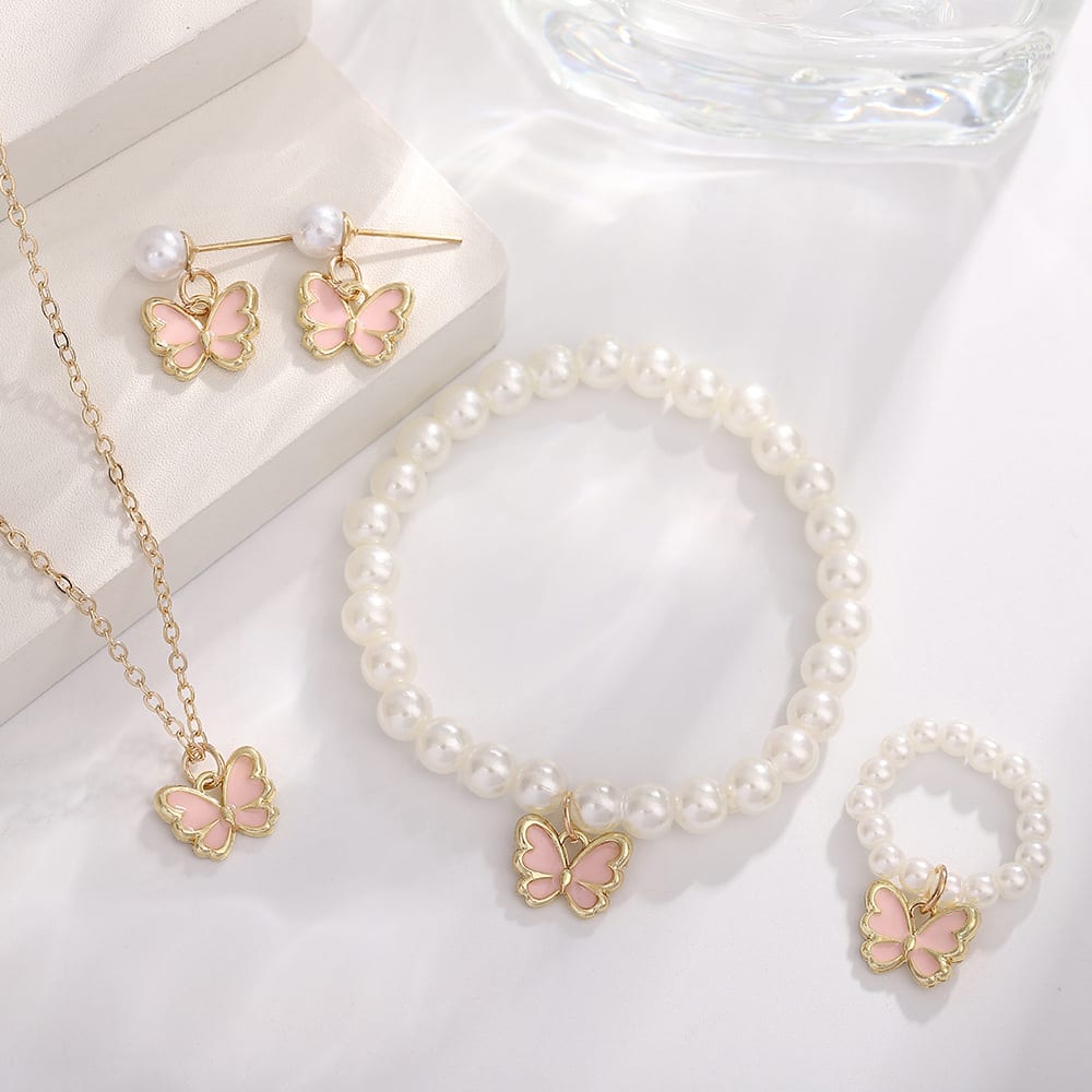 Pearl Butterfly Jewelry Set Oil Drop Butterfly Pendant Pearl Bracelet Earrings Necklace Girls Jewelry