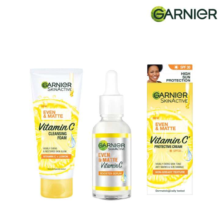 【Discounted】Garnier Eventone Day Routine Kit: Even & Matte Vitamin C Cleansing Foam 50ml + Serum 15ml+ Sunscreen Spf 30 50ml