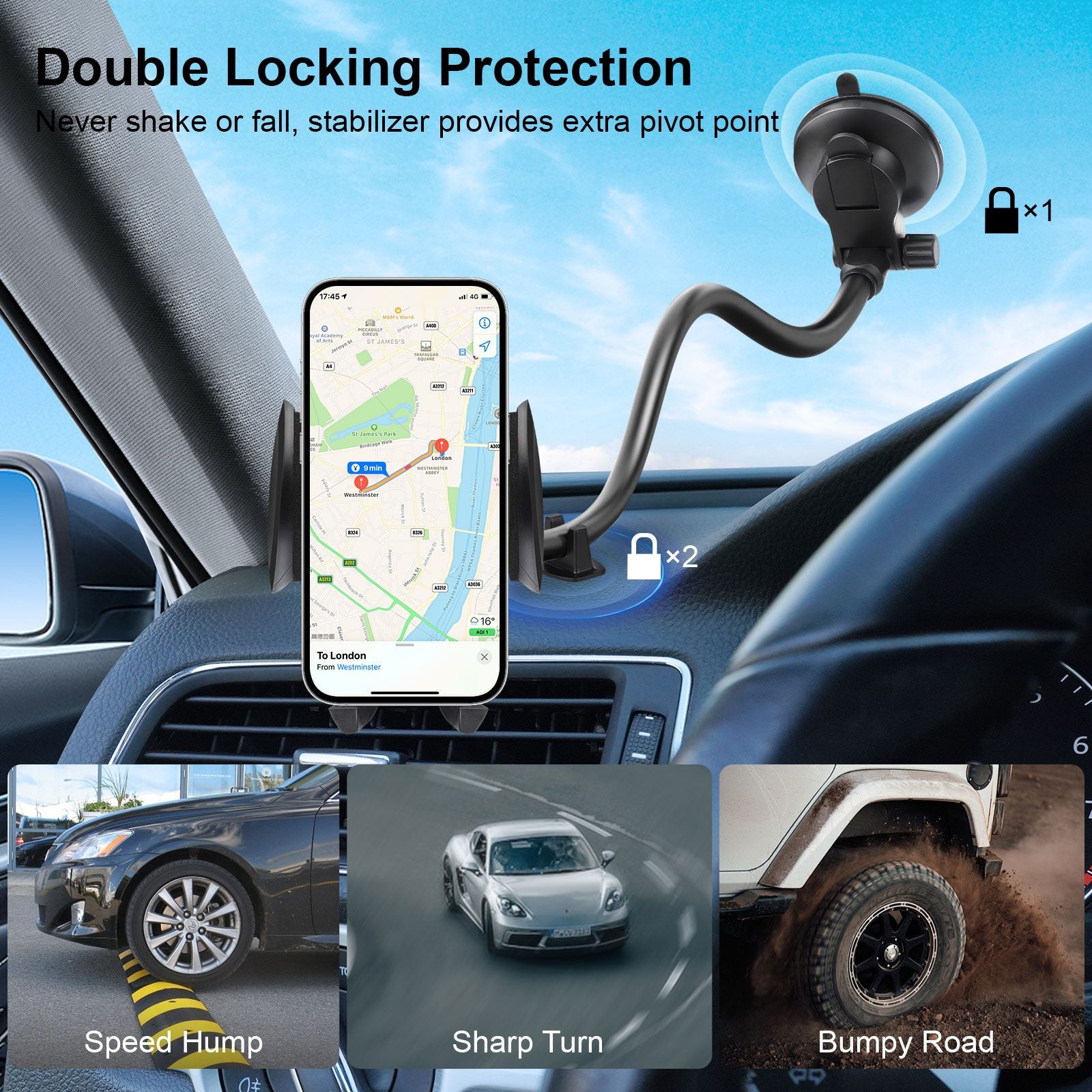 Car Phone Holder, 14in Long Arm Cell Phone Car Mount, Anti-Shake Windshield Dashboard Cradle for 4.0-6.8in Phones