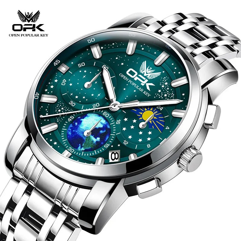 OPK Quartz Watches for Men Starry Sky Display Moon phase Multifunctional Stainless Steel Waterproof Luxury Mens Watch