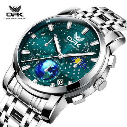 OPK Quartz Watches for Men Starry Sky Display Moon phase Multifunctional Stainless Steel Waterproof Luxury Mens Watch