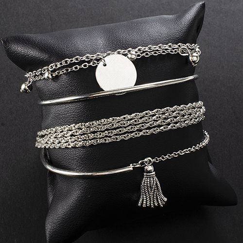 4-piece bracelet sets Simple silver glossy tassel bracelet, personalized multi-layer chain wafer