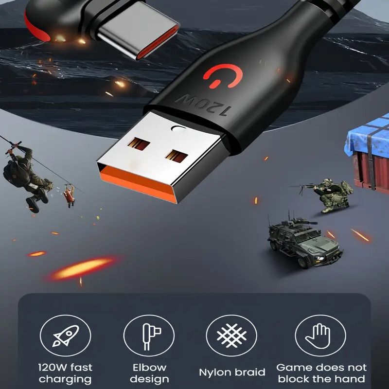 1/1.5M 90-degree angled Type-C 120W 6A super-fast charging data cable suitable for Android phone charging gaming and car b charging