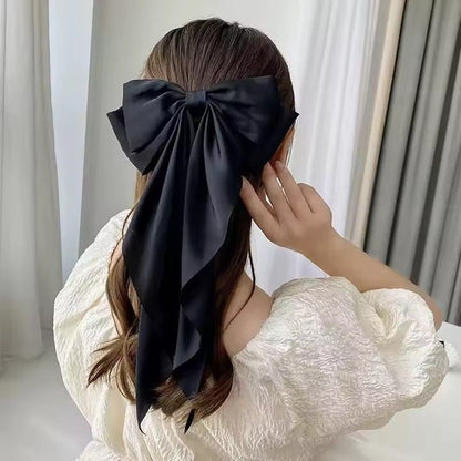 Elegant Large Bow Ribbon Hair Clip For Women Girl Sweet Headbands Soft Satin Hairpin Hairgrip Fashion Hair Accessories Solid Color Ponytail Clip