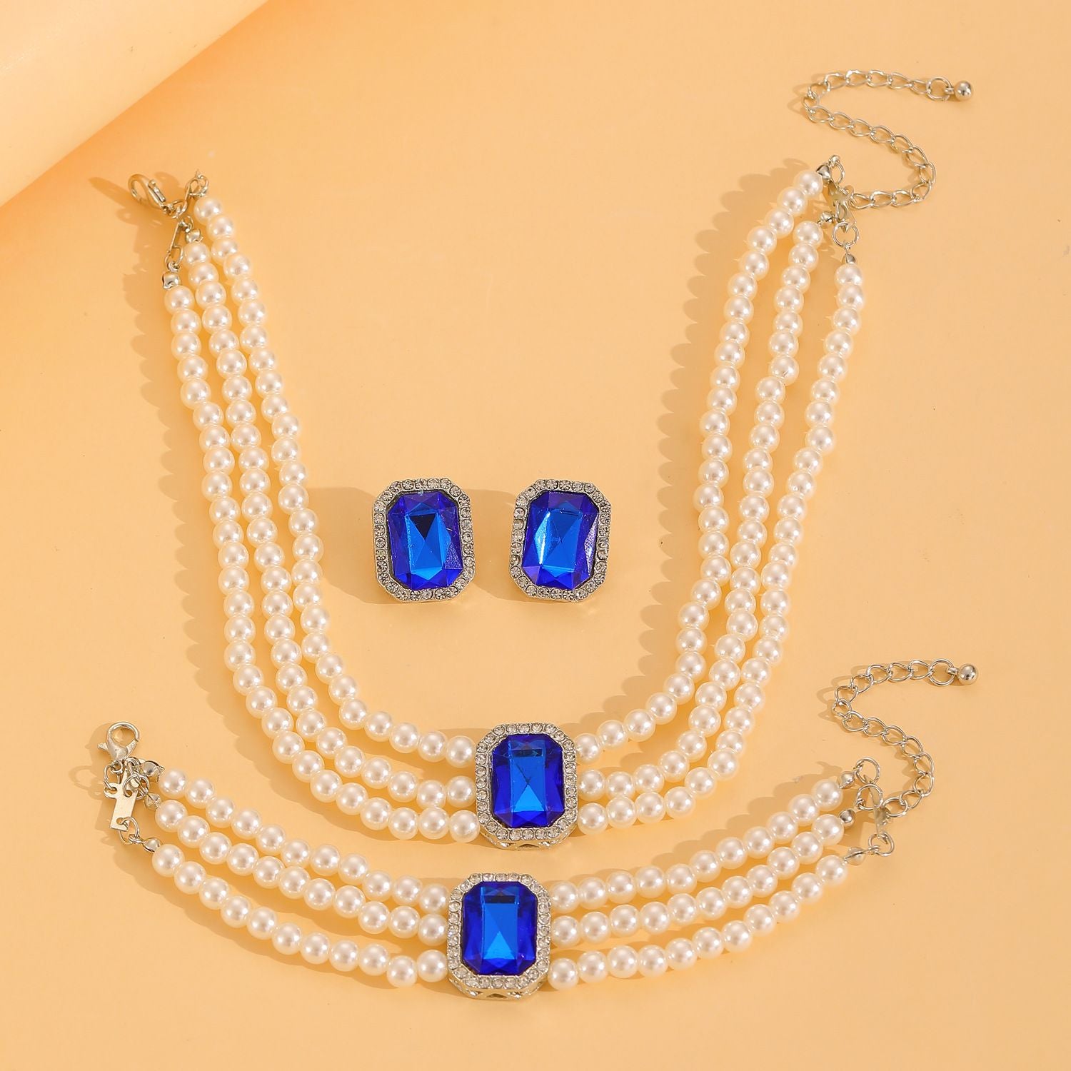 European American New Fashion Hot Sale Choker Necklace Personality Pearl Beaded Charms Court Style（Necklace+Bracelet+Earring ）Jewelry Set for Woman