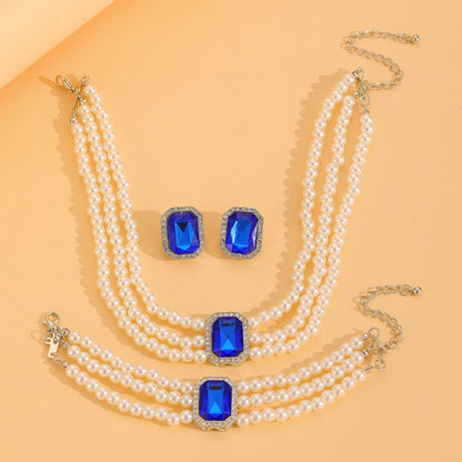 European American New Fashion Hot Sale Choker Necklace Personality Pearl Beaded Charms Court Style（Necklace+Bracelet+Earring ）Jewelry Set for Woman