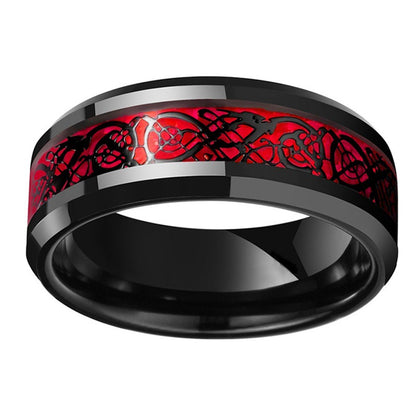 Fashion Couple Rings Black Tungsten Wedding Celtic Dragon Rings For Men Inlaid Green Zircon Punk Men Stainless Steel Red Carbon Fibre Ring