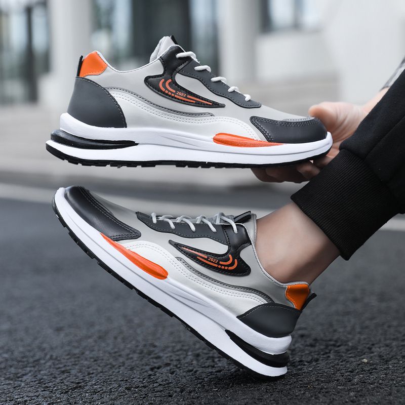 Size 41-45 Men's PU artificial leather fashion sneakers outdoor sports shoes students running shoes Boys walking shoes athletic driving shoes grey +orange
