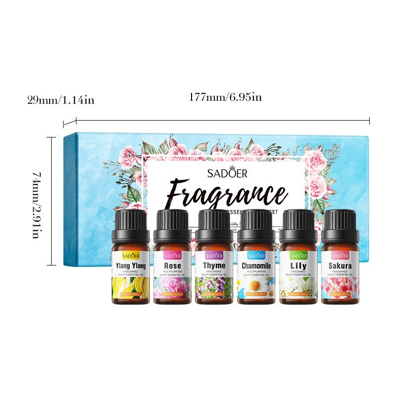 6PCS Fragrance Essential Oil Set,10ml*6pcs (Rose, Thyme, Chamomile, Lily, Ylang-Ylang, Sakura.