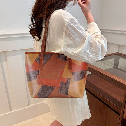 Ladies Large-capacity Handbag Women Geometric Color-blocked Bag PU Synthetic Leather Bag