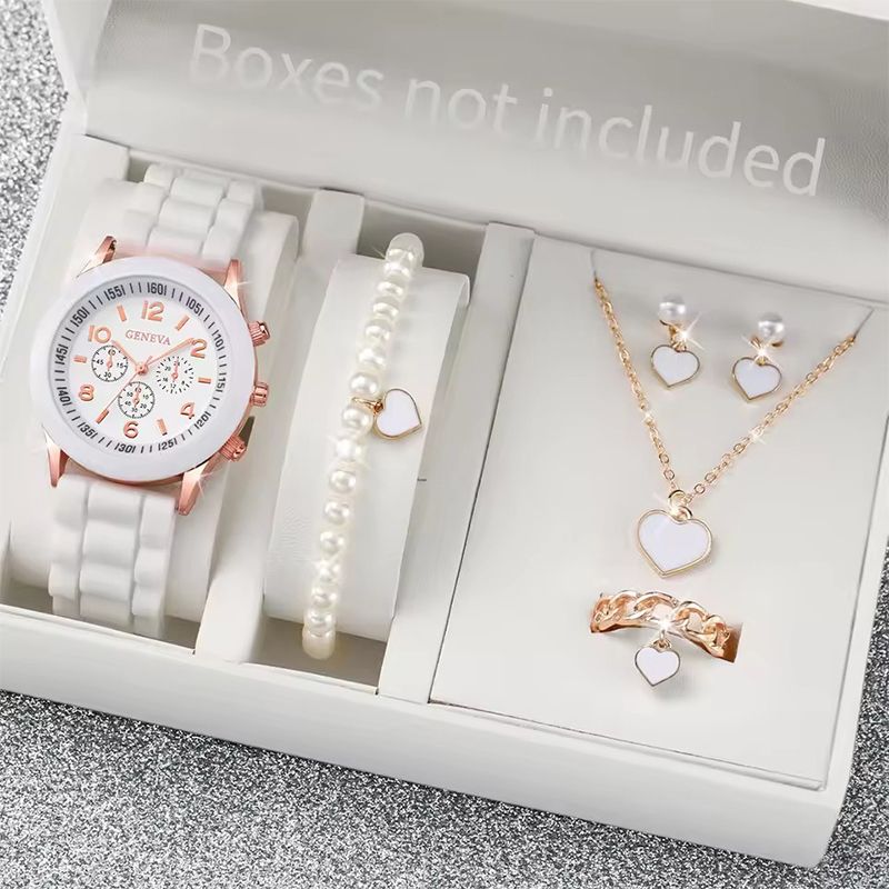 6PCS/Set Women's Watches Casual Silicone Band Analog Quartz Watch Heart Pearls Jewelry Set