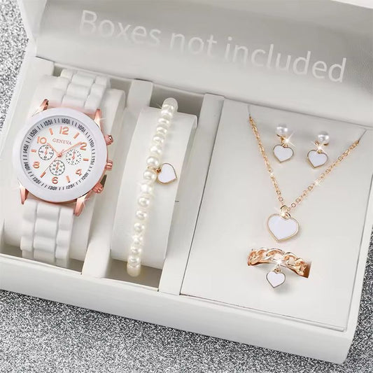 6PCS/Set Women's Watches Casual Silicone Band Analog Quartz Watch Heart Pearls Jewelry Set