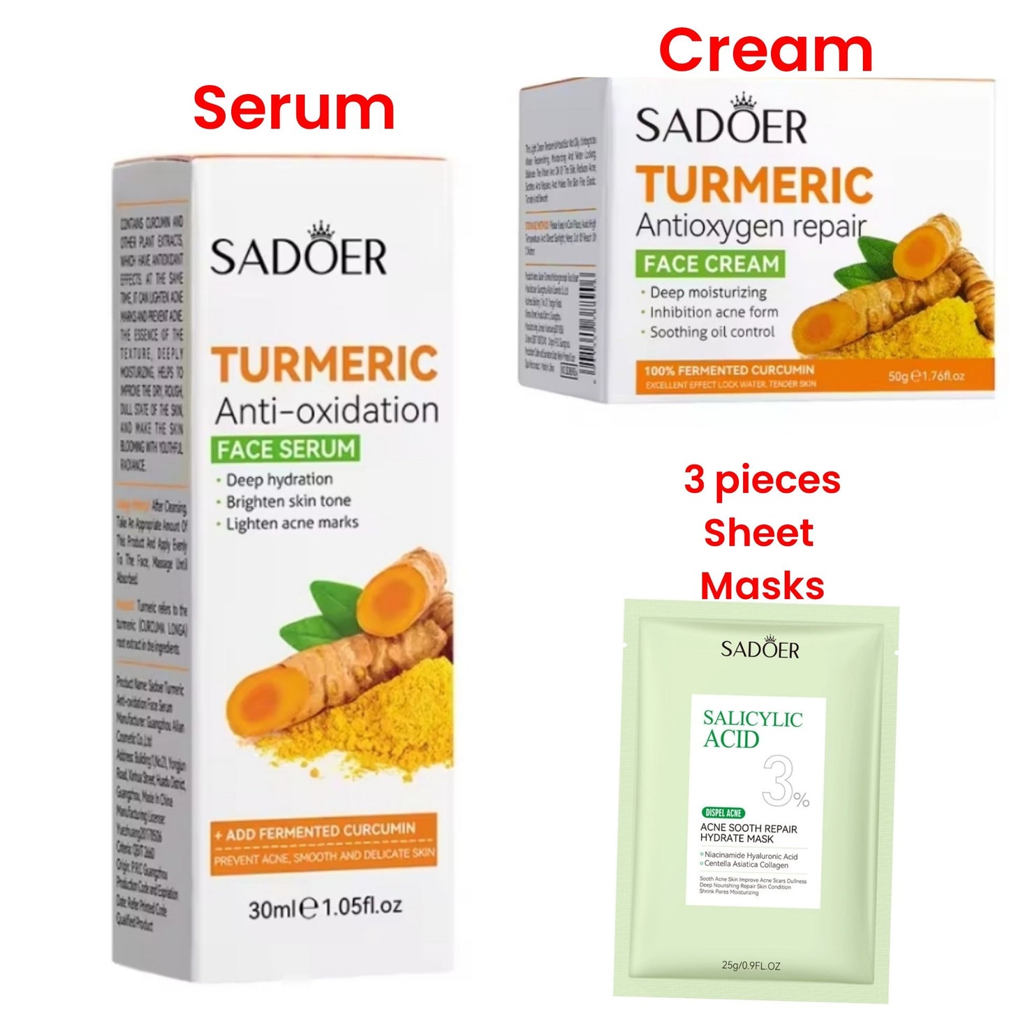 5 IN 1 SADOER Turmeric Face Serum + Cream + 3 Pcs Salicylic Acid Sheet Masks Skin Care for Shower, Smoothing and Cleanses Skin Face Wash Facial Sheet Mask, Face Wash Oily Skin for Face and Body