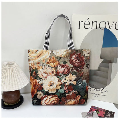 Gelory Fashion Painted Western Retro Style Large Capacity Tote Bag Zipper Closure Canvas Women's Shoulder Handbags