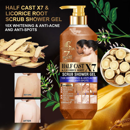 ROUSHUN Half Cast Scrub Shower Gel Fast Whitenng Shower Gel Deeply Cleanses Rich and Creamy blend Softer Skin After Wash Removes Acnes Clear Pimples Cleans and Hydrates Glow and Shine 1000ml
