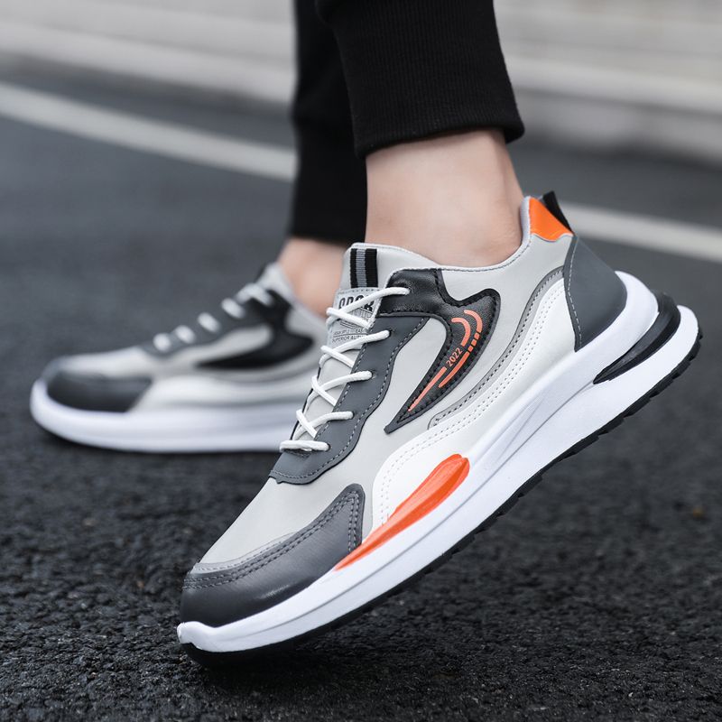Size 41-45 Men's PU artificial leather fashion sneakers outdoor sports shoes students running shoes Boys walking shoes athletic driving shoes grey +orange