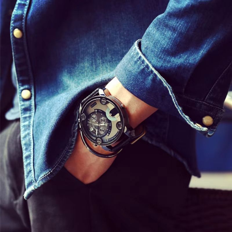 Creative Men's Watch Sashion Large Dial European And American Style Sports Watch Genuine Leather Strap Quartz Watch Business Watch