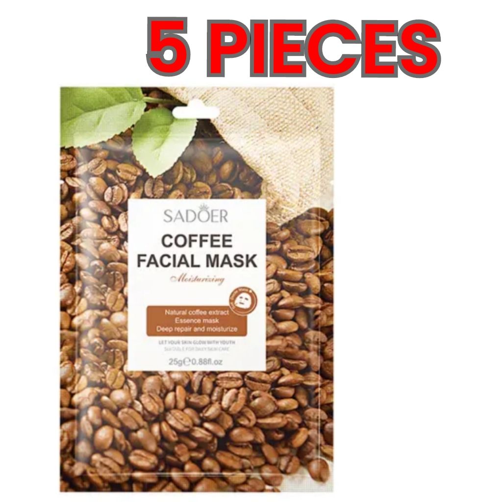 5 PIECES Sadoer Coffee Facial Mask Sheets Moisturizing, Deep Repair Cleansing Natural Coffee Extracts Essence Face Masks