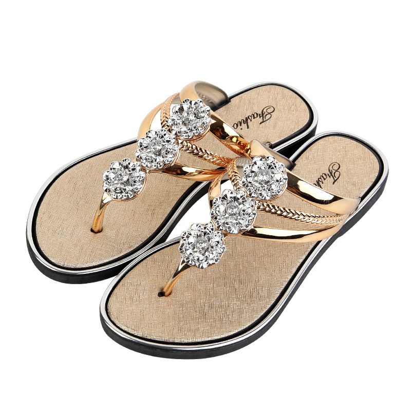 Size 38-43 Women's slippers sandals girls outdoor pinch-foot flat ladies shoes flower flip-flops students outside wear Flip Flops open shoes gold
