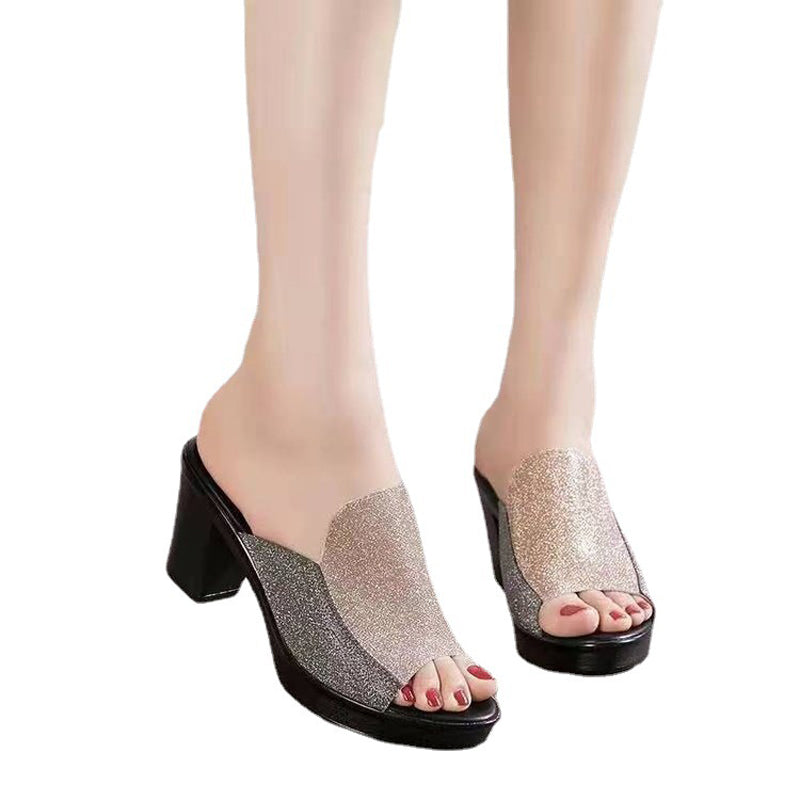 Sizes 38 - 42 women's summer sandals open shoes fashion slippers Ladies sequined High heels Girls comfortable chunky heel shoes heightening shoes gold + silver Slippers