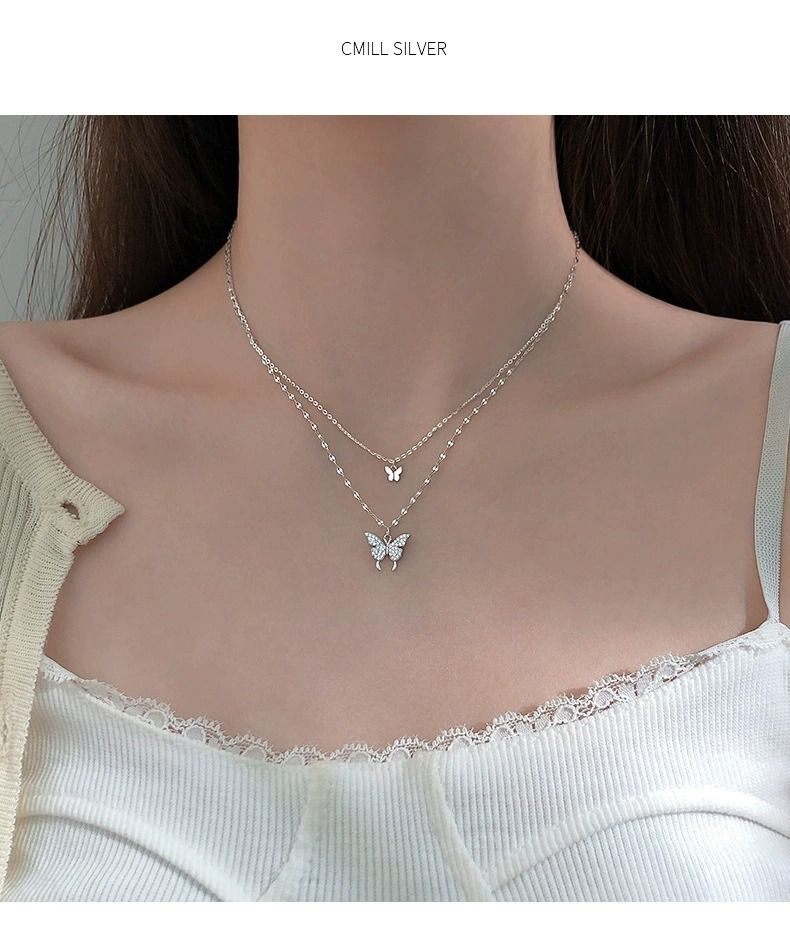 Double-layer Butterfly Necklace Female Necklace Niche Temperament Simple New Style Advanced Design Titanium Steel Does Not Fade