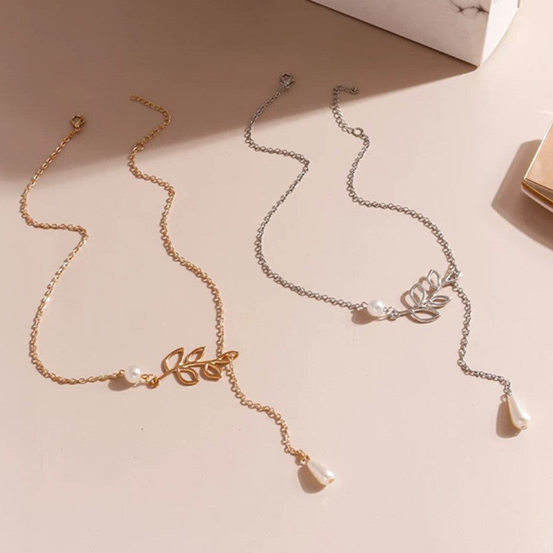 Hot Selling Metal Leaf Shape Jewelry Versatile Pearl Tassel Short Clavicle Necklace
