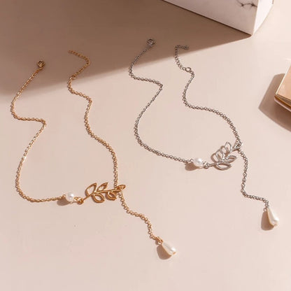 Hot Selling Metal Leaf Shape Jewelry Versatile Pearl Tassel Short Clavicle Necklace