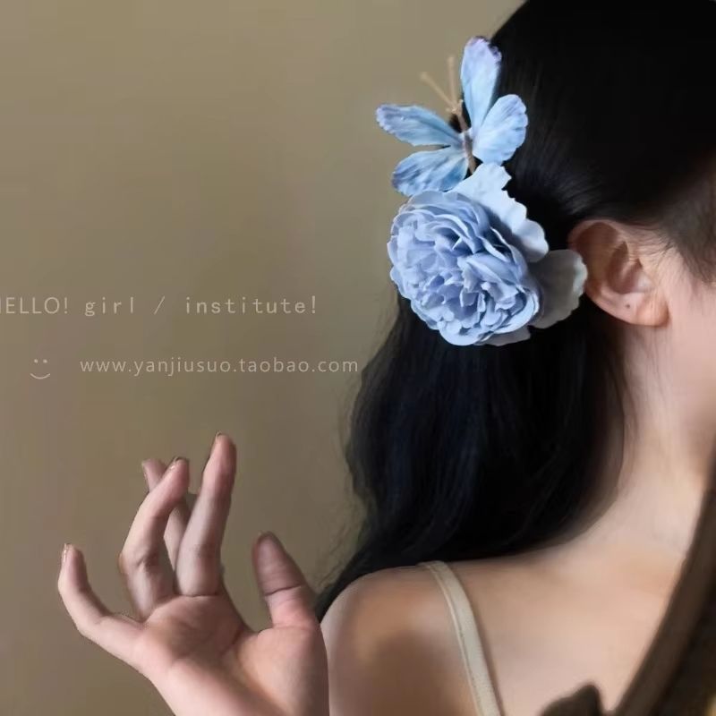 Fashion Simulation Butterfly Rose Pearl Hair Clip Luxury Retro Blue Flower Hair Accessory Hair Clips for Girls Women Bow Gift